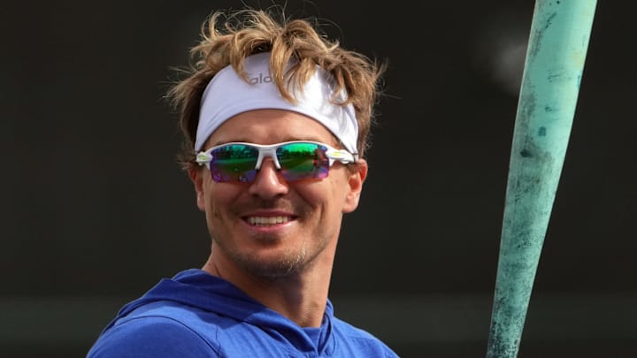 Feb 13, 2025; Glendale, AZ, USA; Los Angeles Dodgers infielder Kike Hernandez looks on during a Spring Training workout at Camelback Ranch Mandatory Credit: Joe Camporeale-Imagn Images