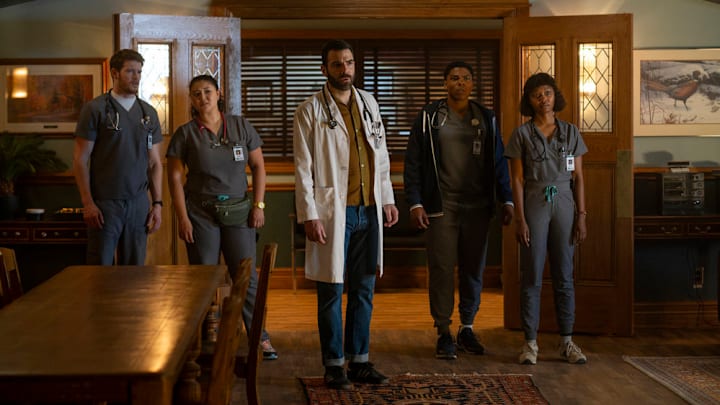 BRILLIANT MINDS -- "The Girl Who Cried Pregnant" Episode 106 -- Pictured: (l-r) Alex MacNicoll as Dr. Van Markus, Aury Krebs as Dr. Dana Dang, Zachary Quinto as Dr. Oliver Wolf, Spence Moore II as Jacob Nash, Ashleigh LaThrop as Ericka Kinney