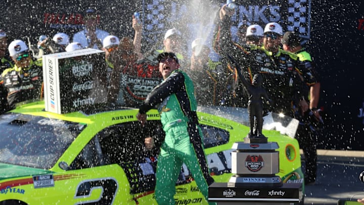 Austin Cindric celebrates a win in the 2025 NASCAR Cup Series Jack Link's 500 at Talladega Superspeedway.