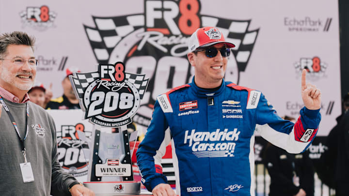 Kyle Busch captured the victory in Saturday's NASCAR Craftsman Truck Series Fr8 Racing 208 at EchoPark Speedway.