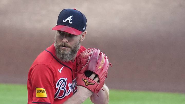 Oct 6, 2026; Cumberland, Georgia, USA;  Atlanta Braves pitcher Chris Sale (51) throws to the plate against the Los Angeles Dodgers during the first inning in game three of the NLDS for the 2026 MLB Playoffs at Truist Park.  Mandatory Credit: Dale Zanine-Imagn Images