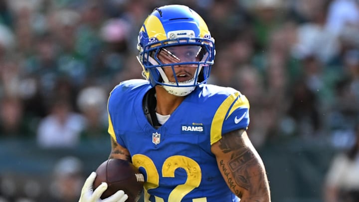 Sep 21, 2025; Philadelphia, Pennsylvania, USA; Los Angeles Rams running back Blake Corum (22) against the Philadelphia Eagles at Lincoln Financial Field. 