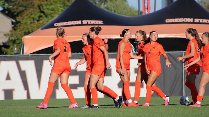 Members of the Oregon State Women's Soccer team celebrating after a goal against Bushnell. Members of the Oregon State Women's Soccer team celebrating after a goal against Bushnell.
