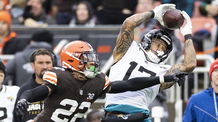 Dec 10, 2023; Cleveland, Ohio, USA; Jacksonville Jaguars tight end Evan Engram (17) makes a