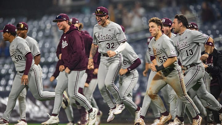 Mississippi State Bulldogs' players run back onto the field to celebrate after winning the game against the Southern Miss Golden Eagles at Trustmark Park in Pearl, Miss., on Tuesday, Mar. 5, 2024. Mississippi State won 5 to 4. Mississippi State Bulldogs' players run back onto the field to celebrate after winning the game against the Southern Miss Golden Eagles at Trustmark Park in Pearl, Miss., on Tuesday, Mar. 5, 2024. Mississippi State won 5 to 4.
