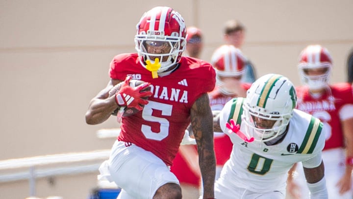 Indiana's Ke'Shawn Williams (5) runs during the Indiana versus Charlotte football game at Memorial Stadium on Saturday, Sept. 21, 2024.