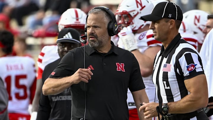 Oct 11, 2025; College Park, Maryland, USA;  Nebraska Cornhuskers head coach Matt Rhule walks the sidelines during the game against the Maryland Terrapins at SECU Stadium. Mandatory Credit: Tommy Gilligan-Imagn Images