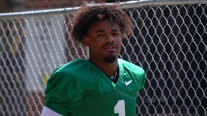 Florida State quarterback Tommy Castellanos walks into the first spring practice of the spring season on Wednesday, March 19, 2025.