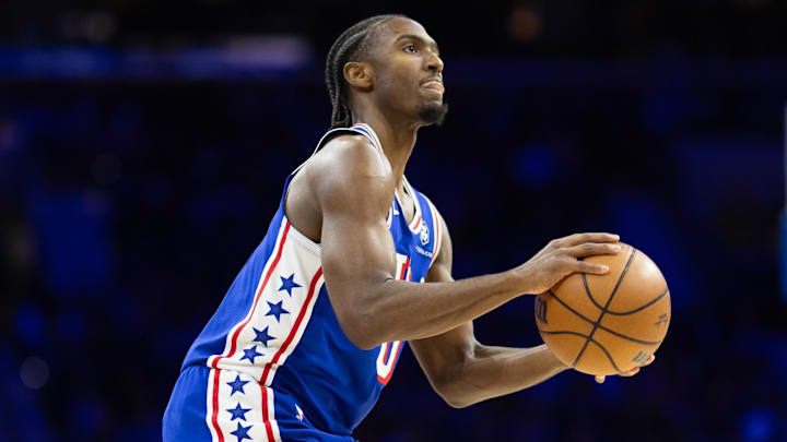 Dec 4, 2024; Philadelphia, Pennsylvania, USA; Philadelphia 76ers guard Tyrese Maxey (0) shoots the ball against the Orlando Magic during the third quarter at Wells Fargo Center. Mandatory Credit: Bill Streicher-Imagn Images Dec 4, 2024; Philadelphia, Pennsylvania, USA; Philadelphia 76ers guard Tyrese Maxey (0) shoots the ball against the Orlando Magic during the third quarter at Wells Fargo Center. Mandatory Credit: Bill Streicher-Imagn Images