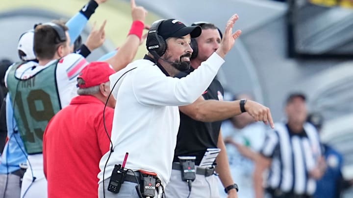 Oct 12, 2024; Eugene, Oregon, USA; Ohio State Buckeyes head coach Ryan Day motions during the first half of the NCAA football game against the Oregon Ducks at Autzen Stadium Oct 12, 2024; Eugene, Oregon, USA; Ohio State Buckeyes head coach Ryan Day motions during the first half of the NCAA football game against the Oregon Ducks at Autzen Stadium
