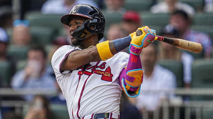 Atlanta Braves right fielder Ronald Acuna Jr hits a double against the San Diego Padres during the fifth inning at Truist Park.