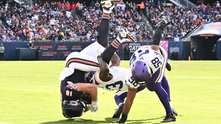 Cole Kmet is upended last year at Soldier Field against the Minnesota Vikings in a 19-13 Chicago loss.