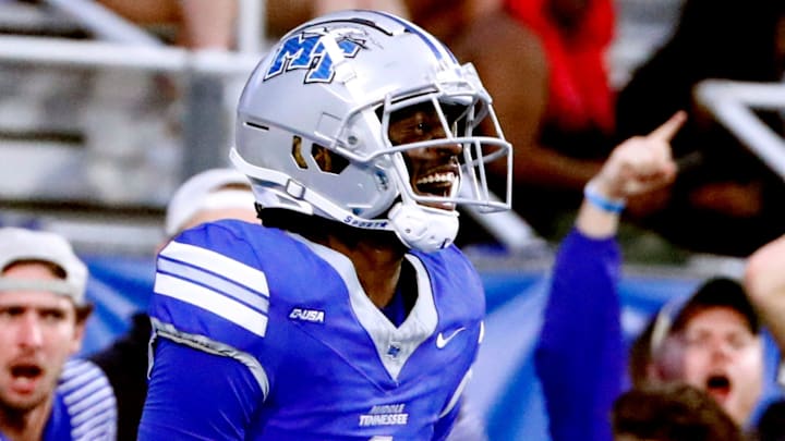 Middle Tennessee wide receiver Omari Kelly (1) catches a pass celebrates catching a long pass during the rivalry football game against Western Kentucky at MTSU, on Saturday, Sept. 14, 2024.