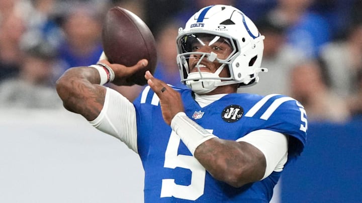 Indianapolis Colts quarterback Anthony Richardson (5) throws a pass Sunday, Oct. 5, 2025, during a game against the Las Vegas Raiders at Lucas Oil Stadium in Indianapolis. The Colts defeated the Raiders 40-6.