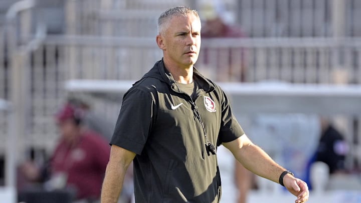 Sep 2, 2024; Tallahassee, Florida, USA; Florida State Seminoles head coach Mike Norvell before the game against the Boston College Eagles at Doak S. Campbell Stadium. Mandatory Credit: Melina Myers-Imagn Images