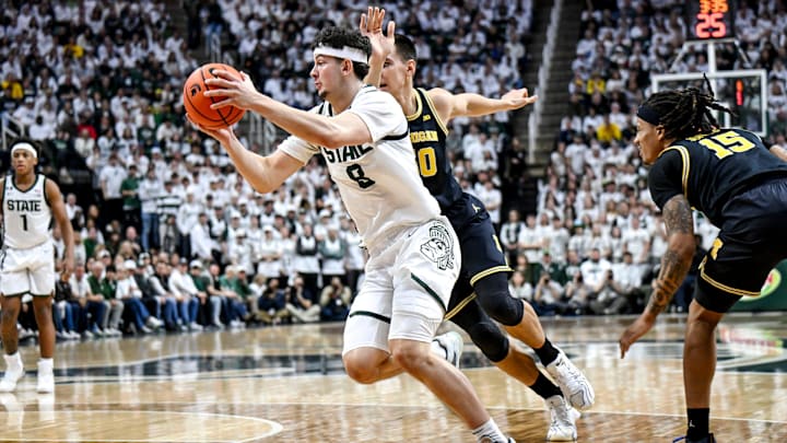 Michigan State's Frankie Fidler moves to the hoop against Michigan during the first half on Sunday, March 9, 2025, at the Breslin Center in East Lansing.