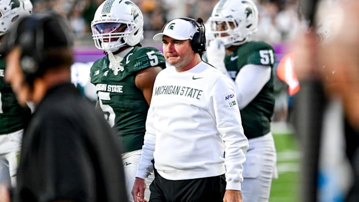 Michigan State's head coach Jonathan Smith look on against Western Michigan during the second quarter on Friday, Aug. 29, 2025, in East Lansing.