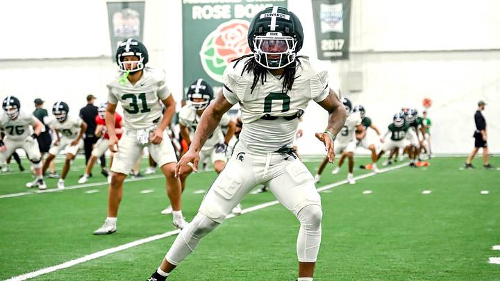 Michigan State's Cam Edwards warms up during spring football practice on Tuesday, April 14, 2026, in East Lansing.
