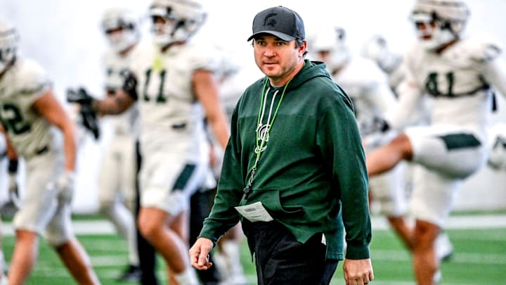 Michigan State football head coach Jonathan Smith looks on during practice on Tuesday, April 8, 2025, in East Lansing.