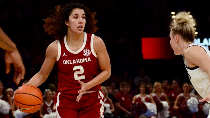 Oklahoma guard Aaliyah Chavez looks for a pass against Oklahoma State. Oklahoma guard Aaliyah Chavez looks for a pass against Oklahoma State.