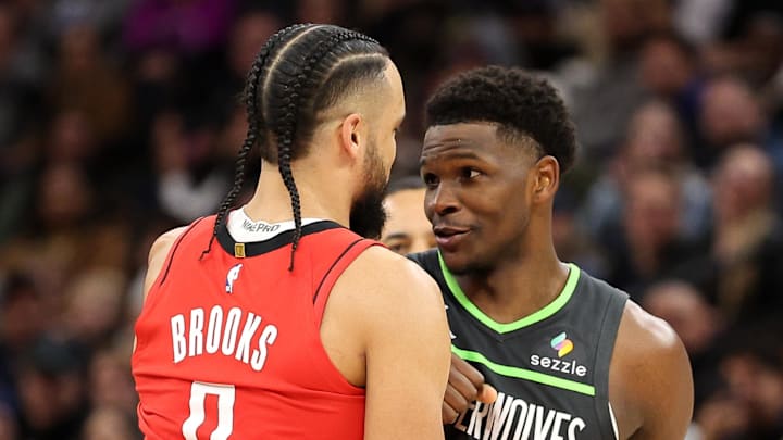 Dillon Brooks Anthony Edwards exchange words during Thursday’s Rockets - Timberwolves game.