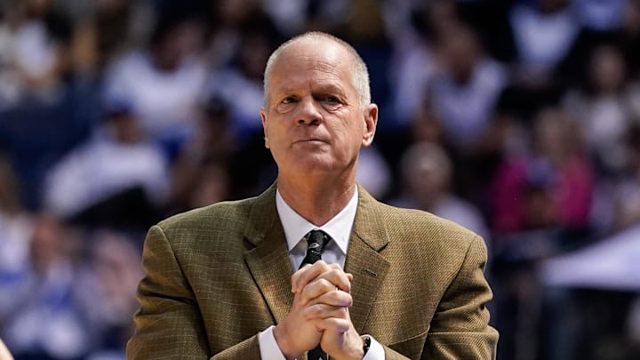 Feb 14, 2026; Provo, Utah, USA; Colorado Buffaloes head coach Tad Boyle looks on during the second half against the BYU Cougars at the Marriott Center. 