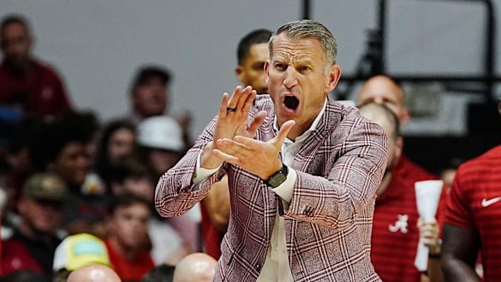 Nov 4, 2024; Tuscaloosa, Alabama, USA; Alabama head coach Nate Oats encourages his team as they play the season opener at Coleman Coliseum. Alabama defeated UNC Asheville 110-54.