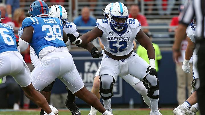 Sep 28, 2024; Oxford, Mississippi, USA; Kentucky Wildcats offensive lineman Jalen Farmer (52) blocks during the first half against the Mississippi Rebels at Vaught-Hemingway Stadium. Mandatory Credit: Petre Thomas-Imagn Images