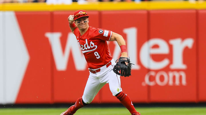 Mar 29, 2025; Cincinnati, Ohio, USA; Cincinnati Reds second baseman Matt McLain (9) throws to first to get San Francisco Giants outfielder Jung Hoo Lee (not pictured) out in the sixth inning at Great American Ball Park. Mandatory Credit: Katie Stratman-Imagn Images