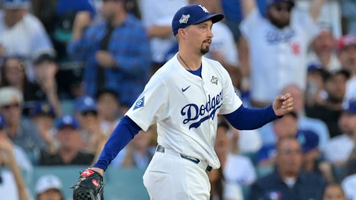 Oct 29, 2025; Los Angeles, California, USA; Los Angeles Dodgers pitcher Blake Snell (7) reacts after striking out Toronto Blue Jays shortstop Andres Gimenez (not pictured) in the second inning during game five of the 2025 MLB World Series at Dodger Stadium. Mandatory Credit: Jayne Kamin-Oncea-Imagn Images