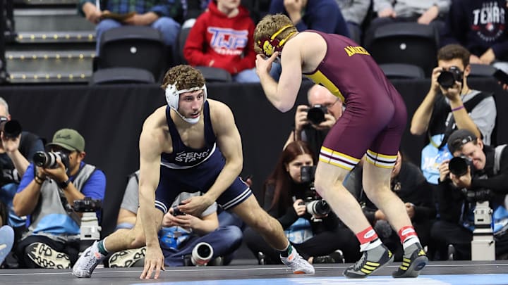 Penn State's Mitchell Mesenbrink in action during the 2025 NCAA Wrestling Championships at Philadelphia's Wells Fargo Center.