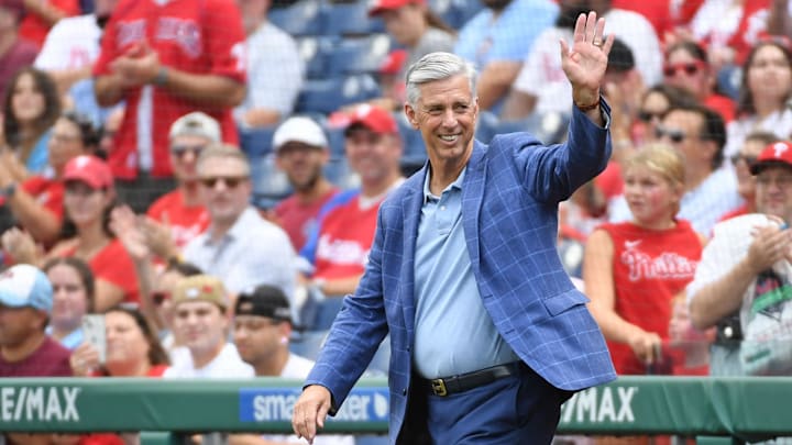 Aug 18, 2024; Philadelphia, Pennsylvania, USA; Former Philadelphia Phillies president Dave Dombrowski during Phillies Alumni Weekend and the 20th anniversary of Citizens Bank Park before game against the Washington Nationals at Citizens Bank Park.