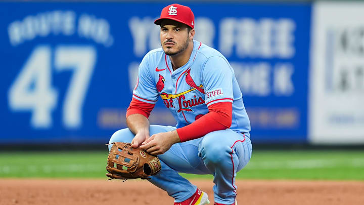 Aug 10, 2024; Kansas City, Missouri, USA; St. Louis Cardinals third baseman Nolan Arenado (28) reacts during the sixth inning against the Kansas City Royals at Kauffman Stadium. Mandatory Credit: Jay Biggerstaff-Imagn Images Aug 10, 2024; Kansas City, Missouri, USA; St. Louis Cardinals third baseman Nolan Arenado (28) reacts during the sixth inning against the Kansas City Royals at Kauffman Stadium. Mandatory Credit: Jay Biggerstaff-Imagn Images