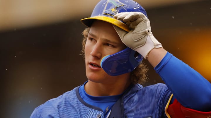 Apr 24, 2025; Minneapolis, Minnesota, USA; Minnesota Twins designated hitter Luke Keaschall returns to bat after hitting a foul ball against the Chicago White Sox in the first inning at Target Field in Minneapolis on April 24, 2025.