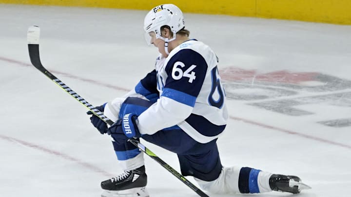 Feb 15, 2025; Montreal, Quebec, CAN; [Imagn Images direct customers only] Team Finland forward Mikael Granlund (64) celebrates afterscoring the winning goal against Team Sweden goalie Linus Ullmark (35) in the overtime period during a 4 Nations Face-Off ice hockey game at the Bell Centre. Mandatory Credit: Eric Bolte-Imagn Images