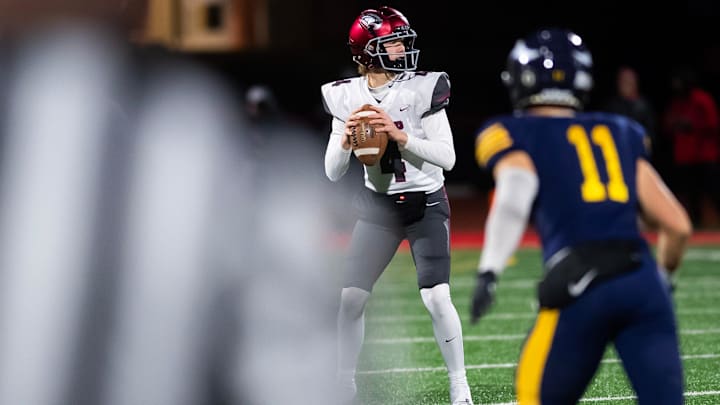 St. Joseph's Prep's Charlie Foulke prepares to pass in the first half of the PIAA Class 6A football championship game against Central Catholic at Cumberland Valley High School, Saturday, Dec. 7, 2024, in Silver Spring Township, Pa. St. Joseph's Prep's Charlie Foulke prepares to pass in the first half of the PIAA Class 6A football championship game against Central Catholic at Cumberland Valley High School, Saturday, Dec. 7, 2024, in Silver Spring Township, Pa.