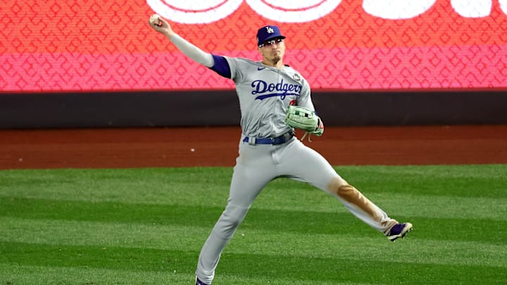 Oct 28, 2024; New York, New York, USA; Los Angeles Dodgers third baseman Enrique Hernandez (8) throws to the infield during the seventh inning against the New York Yankees in game three of the 2024 MLB World Series at Yankee Stadium. Mandatory Credit: Vincent Carchietta-Imagn Images Oct 28, 2024; New York, New York, USA; Los Angeles Dodgers third baseman Enrique Hernandez (8) throws to the infield during the seventh inning against the New York Yankees in game three of the 2024 MLB World Series at Yankee Stadium. Mandatory Credit: Vincent Carchietta-Imagn Images