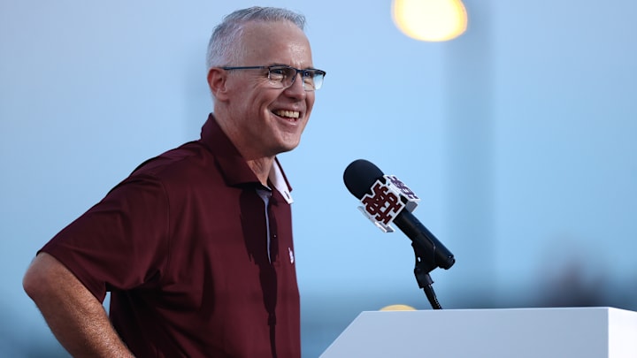 New Mississippi State Bulldogs coach Brian O'Connor talking to the cheering crowd at his formal introduction Thursday evening at Dudy Noble.