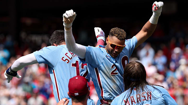 Apr 30, 2026; Philadelphia, Pennsylvania, USA; Philadelphia Phillies center fielder Justin Crawford (2) celebrates with teammates after hitting a walk off RBI single during the ninth inning against the San Francisco Giants at Citizens Bank Park. Mandatory Credit: Bill Streicher-Imagn Images