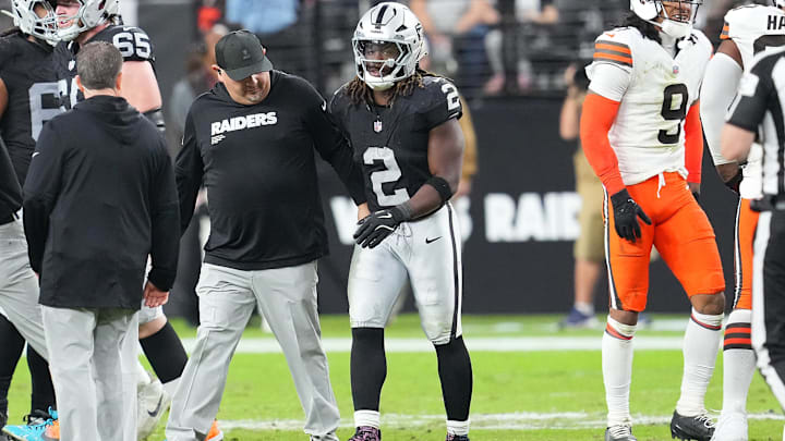 Las Vegas Raiders running back Ashton Jeanty walks slowly off the field after sustaining an injury. Las Vegas Raiders running back Ashton Jeanty walks slowly off the field after sustaining an injury.