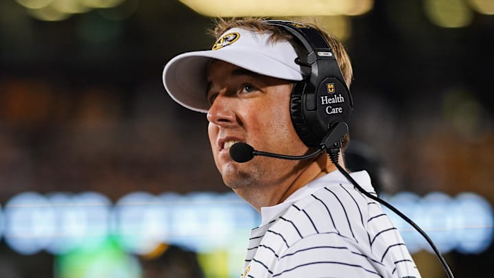 Sep 1, 2022; Columbia, Missouri, USA; Missouri Tigers head coach Eliah Drinkwitz reacts after a touchdown by the Louisiana Tech Bulldogs during the second half at Faurot Field at Memorial Stadium. Mandatory Credit: Jay Biggerstaff-USA TODAY Sports