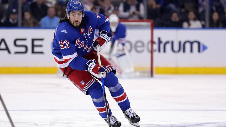 Oct 13, 2026; New York, New York, USA; New York Rangers center Mika Zibanejad (93) brings the puck up ice against the Tampa Bay Lightning during the third period at Madison Square Garden. Mandatory Credit: Brad Penner-Imagn Images Oct 13, 2026; New York, New York, USA; New York Rangers center Mika Zibanejad (93) brings the puck up ice against the Tampa Bay Lightning during the third period at Madison Square Garden. Mandatory Credit: Brad Penner-Imagn Images