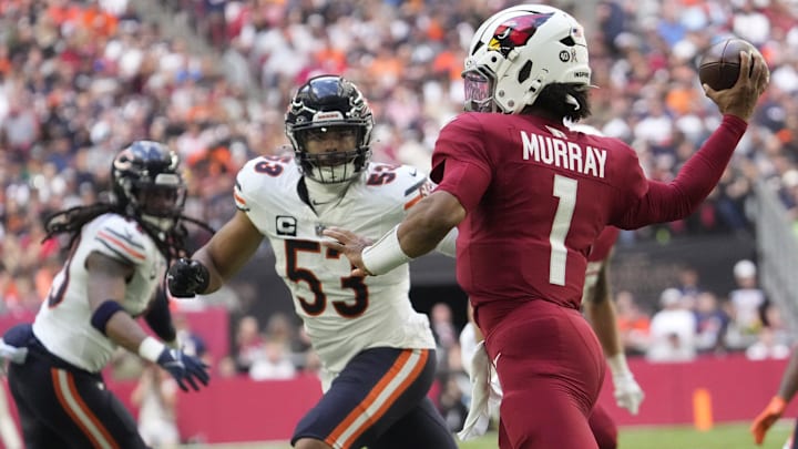 Linebacker T.J. Edwards applies pressure to Kyler Murray while Tremaine Edmunds drops into coverage.