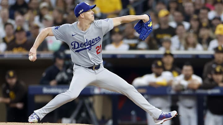 Oct 8, 2024; San Diego, California, USA; Los Angeles Dodgers pitcher Walker Buehler (21) throws in the first inning against the San Diego Padres during game three of the NLDS for the 2024 MLB Playoffs at Petco Park. Mandatory Credit: David Frerker-Imagn Images Oct 8, 2024; San Diego, California, USA; Los Angeles Dodgers pitcher Walker Buehler (21) throws in the first inning against the San Diego Padres during game three of the NLDS for the 2024 MLB Playoffs at Petco Park. Mandatory Credit: David Frerker-Imagn Images