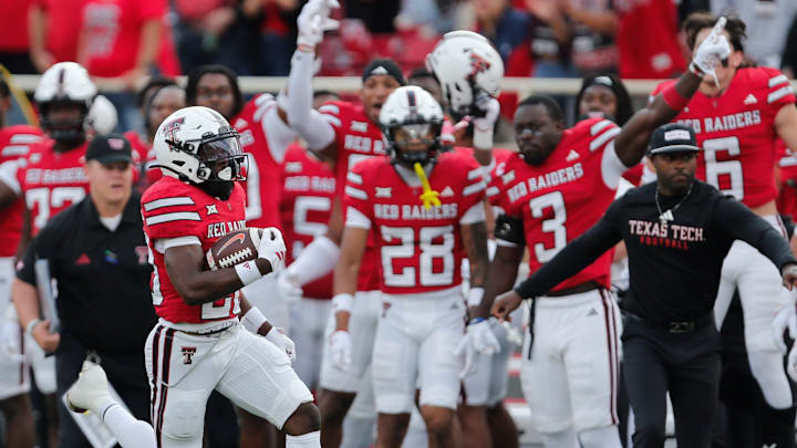 Texas Tech's J'Koby Williams returns a kickoff for a touchdown against Oklahoma State in a Big 12 football game Saturday, Oct. 25, 2025, at Jones AT&T Stadium. Texas Tech's J'Koby Williams returns a kickoff for a touchdown against Oklahoma State in a Big 12 football game Saturday, Oct. 25, 2025, at Jones AT&T Stadium.
