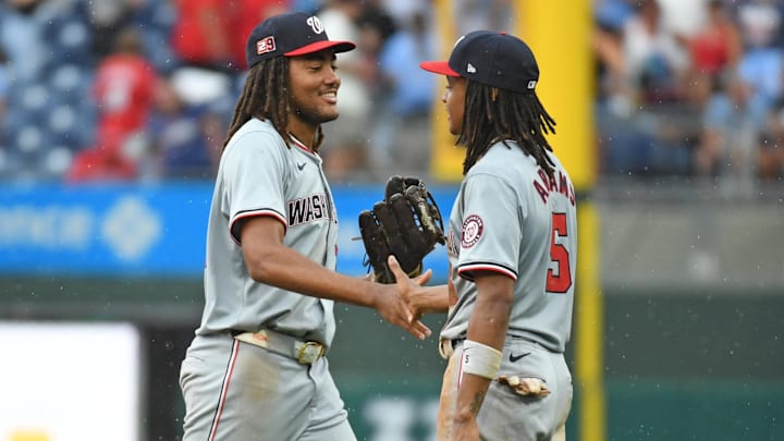 Aug 18, 2024; Philadelphia, Pennsylvania, USA; Washington Nationals outfielder James Wood (29) and shortstop CJ Abrams (5) celebrate win against the Philadelphia Phillies at Citizens Bank Park.