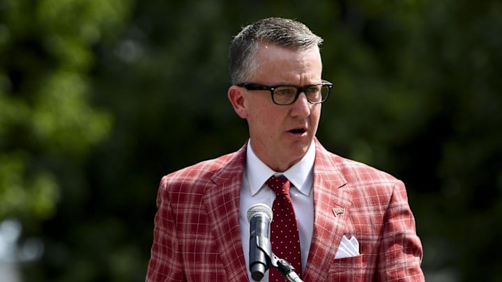 Sep 7, 2024; Tuscaloosa, Alabama, USA;  Athletics Director Greg Byrne speaks during a ceremony to rename the field at Bryant-Denny Stadium in honor of former Alabama  Crimson Tide head coach Nick Saban. The new name is Saban Field at Bryant-Denny Stadium.. Mandatory Credit: Gary Cosby Jr.-Imagn Images