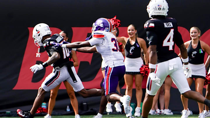 Cincinnati Bearcats wide receiver Caleb Goodie (10) runs a touchdown in the first quarter of a NCAA men’s college football game between the Cincinnati Bearcats and Northwestern State Demons, Saturday, Sept. 13, 2025, at Nippert Stadium in Cincinnati. Bearcats are up 56-0 by halftime. Cincinnati Bearcats wide receiver Caleb Goodie (10) runs a touchdown in the first quarter of a NCAA men’s college football game between the Cincinnati Bearcats and Northwestern State Demons, Saturday, Sept. 13, 2025, at Nippert Stadium in Cincinnati. Bearcats are up 56-0 by halftime.