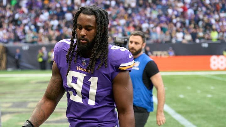 Oct 2, 2022;  London, United Kingdom;  Minnesota Vikings linebacker Patrick Jones II (91) during the NFL International Series game at Tottenham Hotspur Stadium. Mandatory Credit: Peter van den Berg-Imagn Images