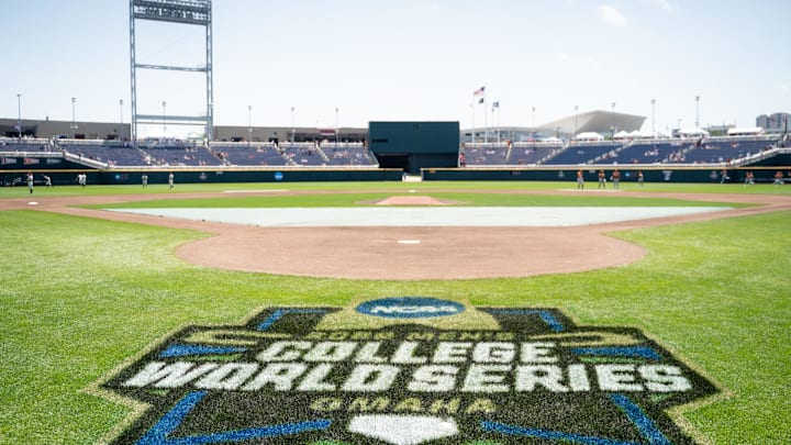 Jun 19, 2022; Omaha, NE, USA; The 2022 NCAA College World Series logo is pictured on the field before the game between the Texas Longhorns and the Texas A&M Aggies at Charles Schwab Field. Mandatory Credit: Dylan Widger-Imagn Images